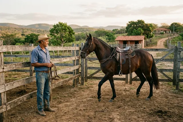 Criador observando cavalo Mangalarga Marchador em curral rural