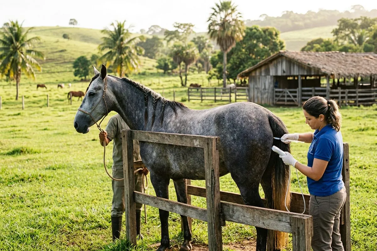 Égua em exame reprodutivo veterinário no haras