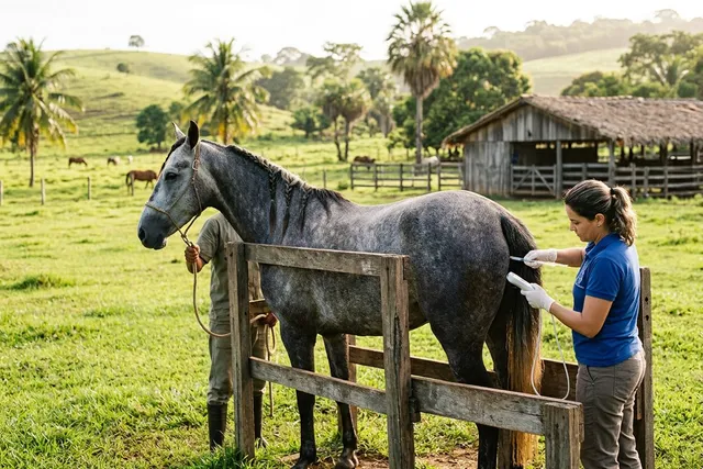 Égua em exame reprodutivo veterinário no haras