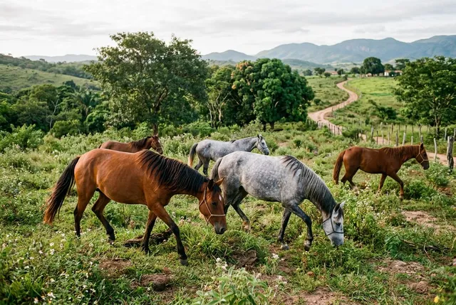 Mangalarga Marchador tordilho e castanho em pasto no Recôncavo Baiano